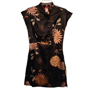 Oriental Chinese Black Satin  Floral Mini Dress Size Medium